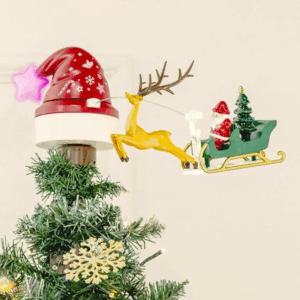 Tope de árbol de Navidad animado con Papá Noel en trineo siendo tirado por un reno, sobre la punta del pino